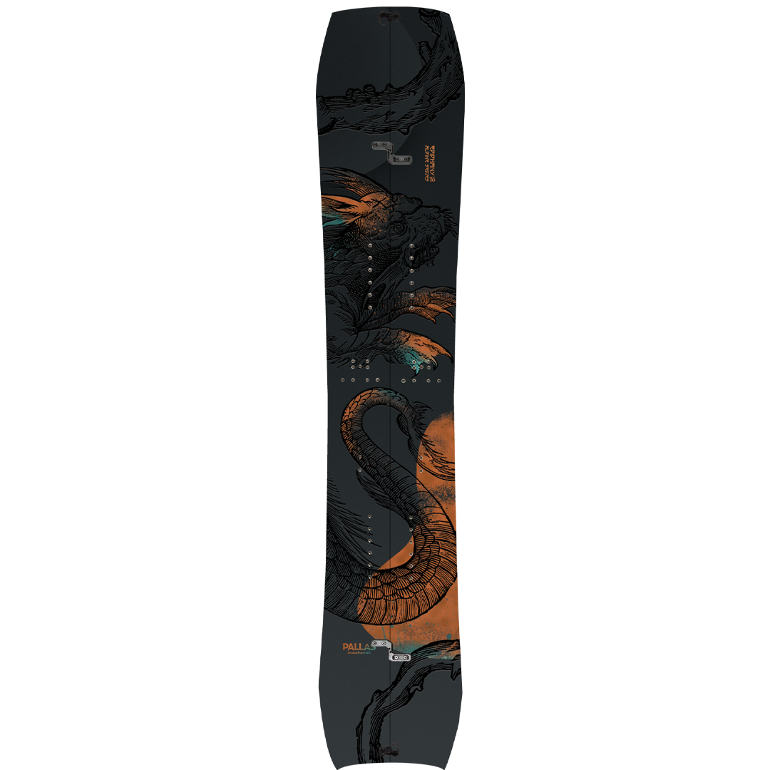 A product image of the Pallas Epiphany Alpine Series splitboard, featuring new graphics from the Arcana Collection. It's a black splitboard with a dragon illustration in black. There are patches of orange and green that are overlaid on the board.