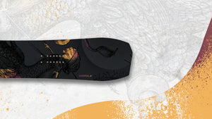 An image of the Pallas Oversoul freestyle snowboard from the Arcana Collection, featuring an asymmetrical tip and tail shape but with a twin tip profile. An extra row of inserts is included for a better stance setup in powder conditions.