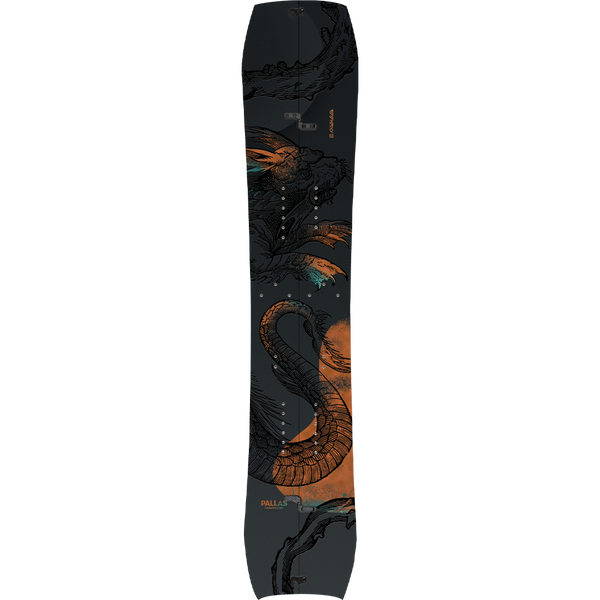 A product image of the Pallas Epiphany splitboard from the Arcana Collection. The board is black with a black illustration of a dragon. There are splotches of orange and green that are overlaid on the graphics.